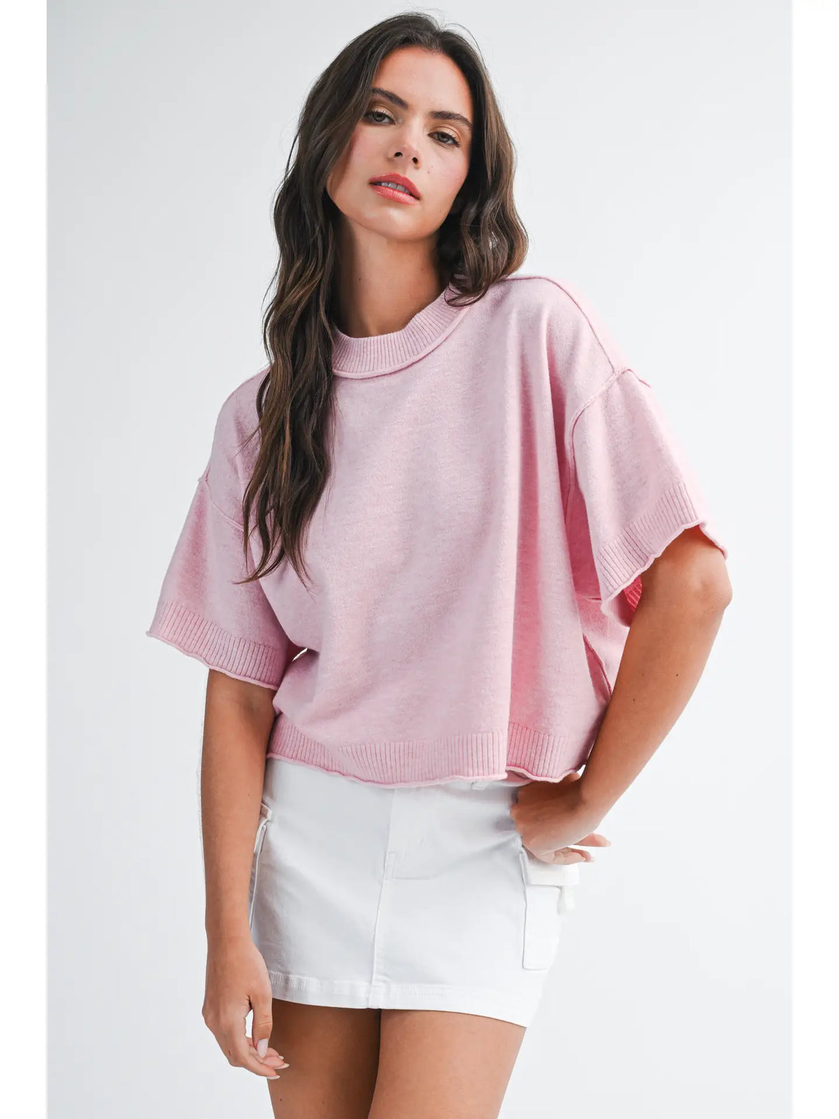 Pink Cropped Short Sleeve Sweater