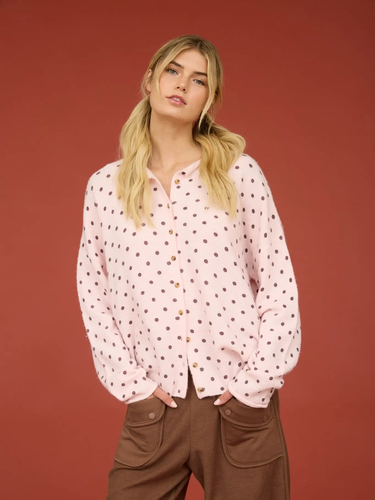 Light Pink Polka Dot Raw Edge Knit Cardigan