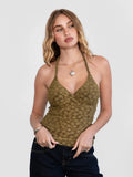 Olive Flocked Mesh Halter Cami