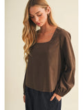 Brown Square-Neck Voluminous Sleeve Blouse