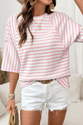 Pink Stripe Textured Knit Split Hem Top