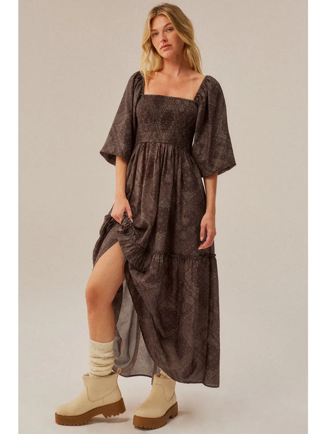 Brown Bandana Print Puff Sleeve Maxi Dress