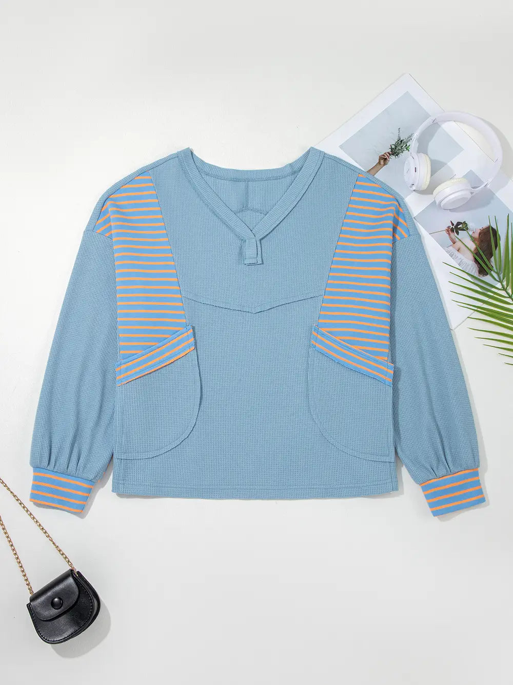 Dusk Blue Exposed Seam Waffle Patchwork Pullover