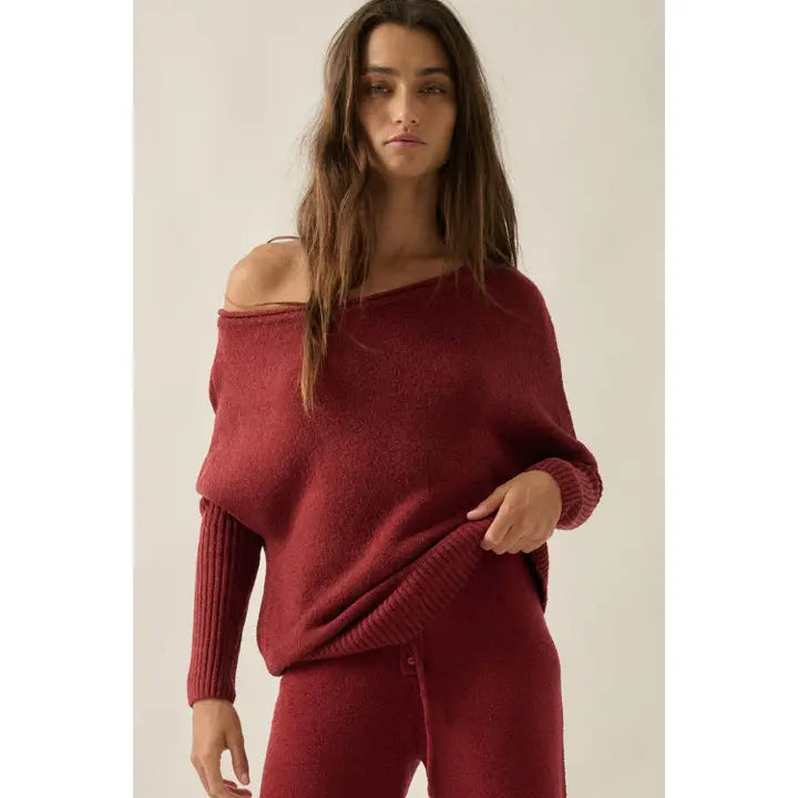 Mulberry Textured Knit One-Shoulder Boatneck Sweater