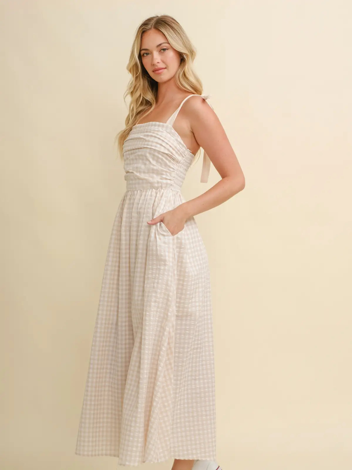 Cream Gingham Strap Tie Maxi Dress