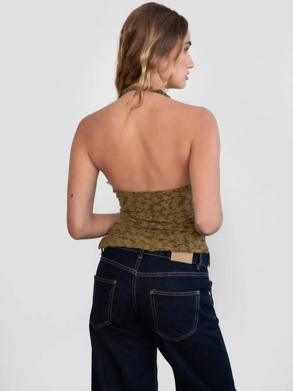 Olive Flocked Mesh Halter Cami