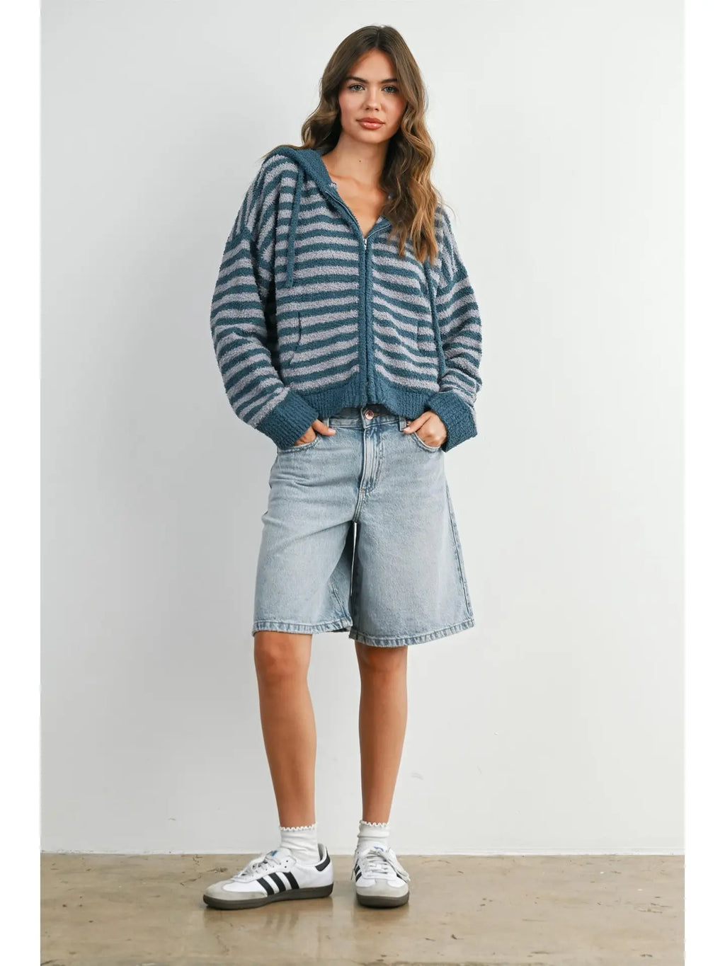 Teal & Grey Striped Zip-Up Hooded Cardigan