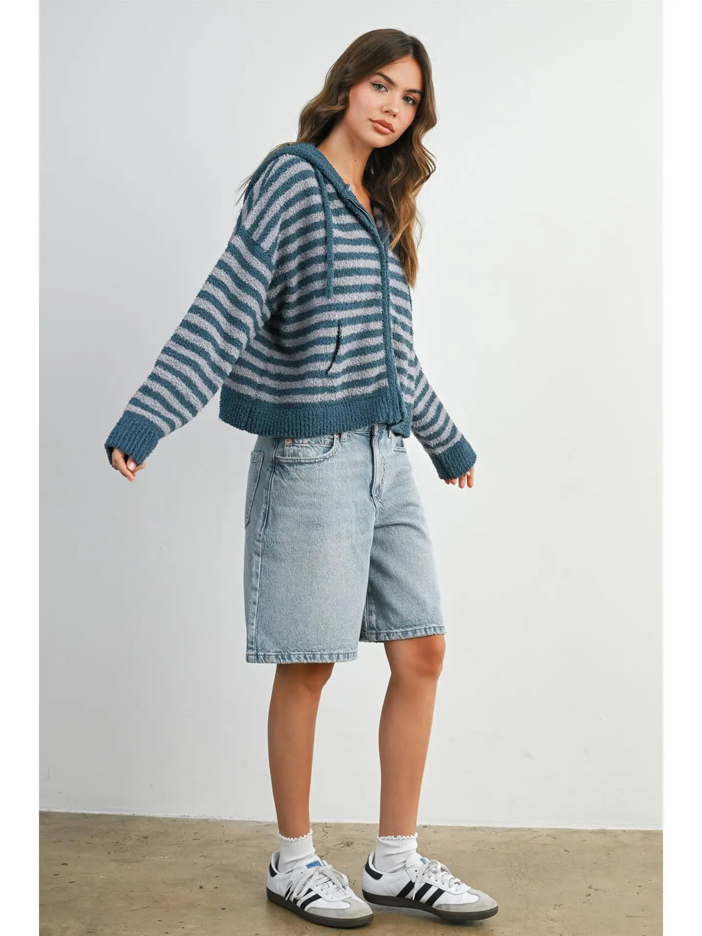 Teal & Grey Striped Zip-Up Hooded Cardigan