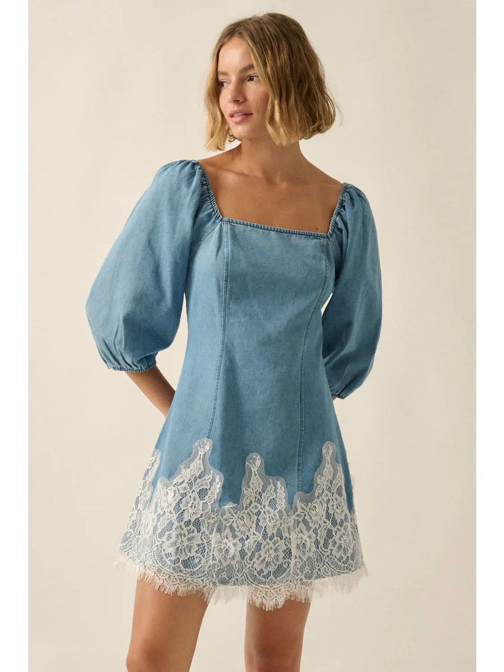 Denim Blue Lace Trim Bubble Sleeve Mini Dress