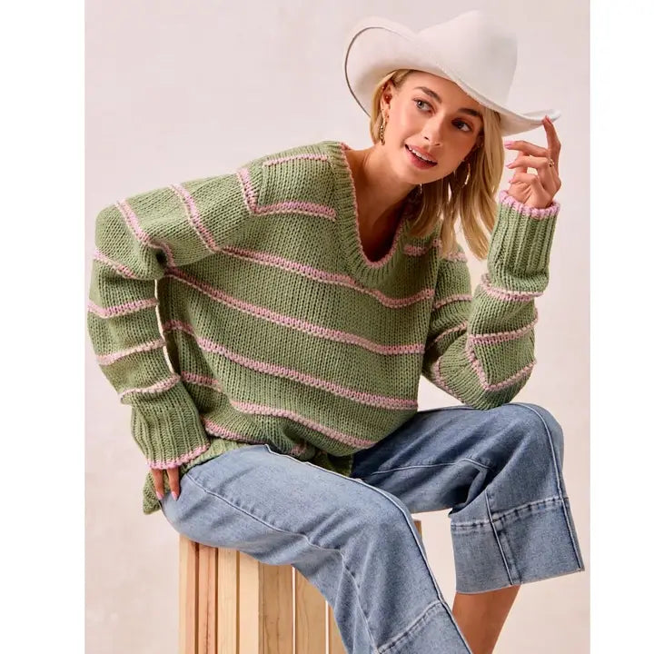 Sage Green Striped Knit Sweater Top