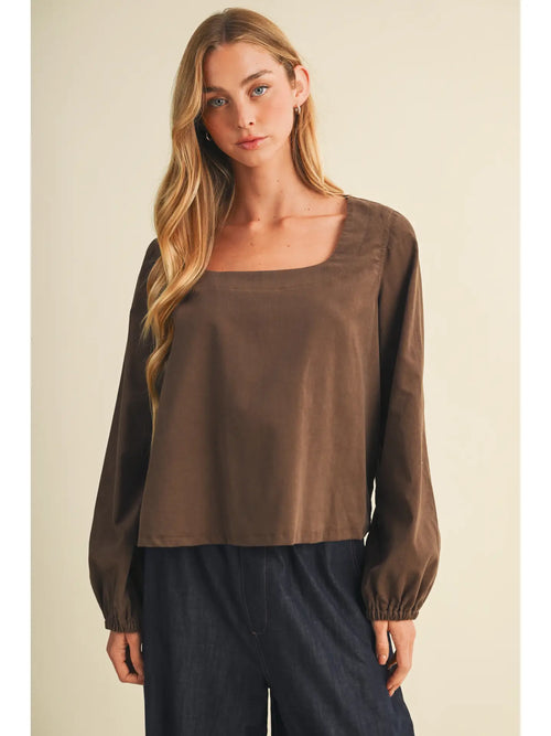 Brown Square-Neck Voluminous Sleeve Blouse