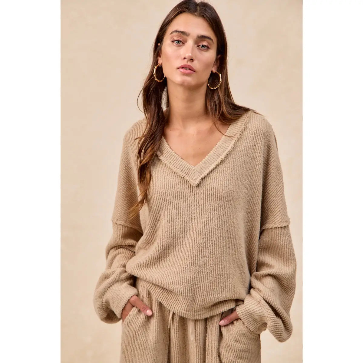 Taupe Boucle Rib Knit V-Neck Top