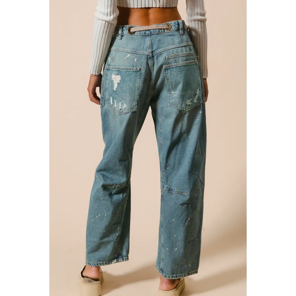 Braided Belt Washed Denim Pants