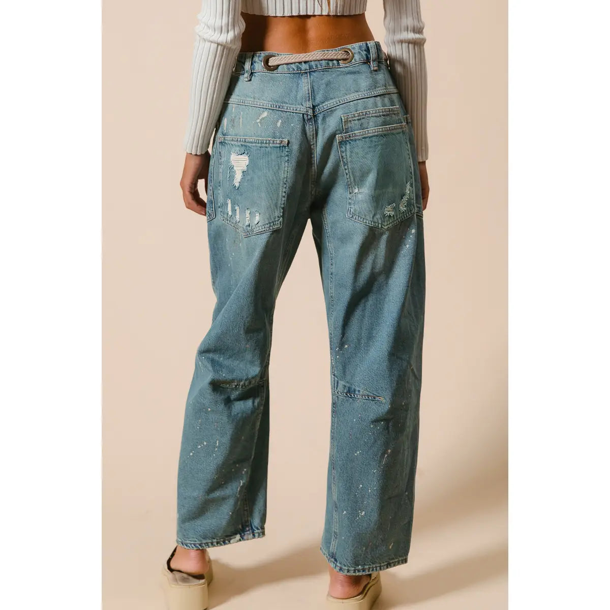 Braided Belt Washed Denim Pants