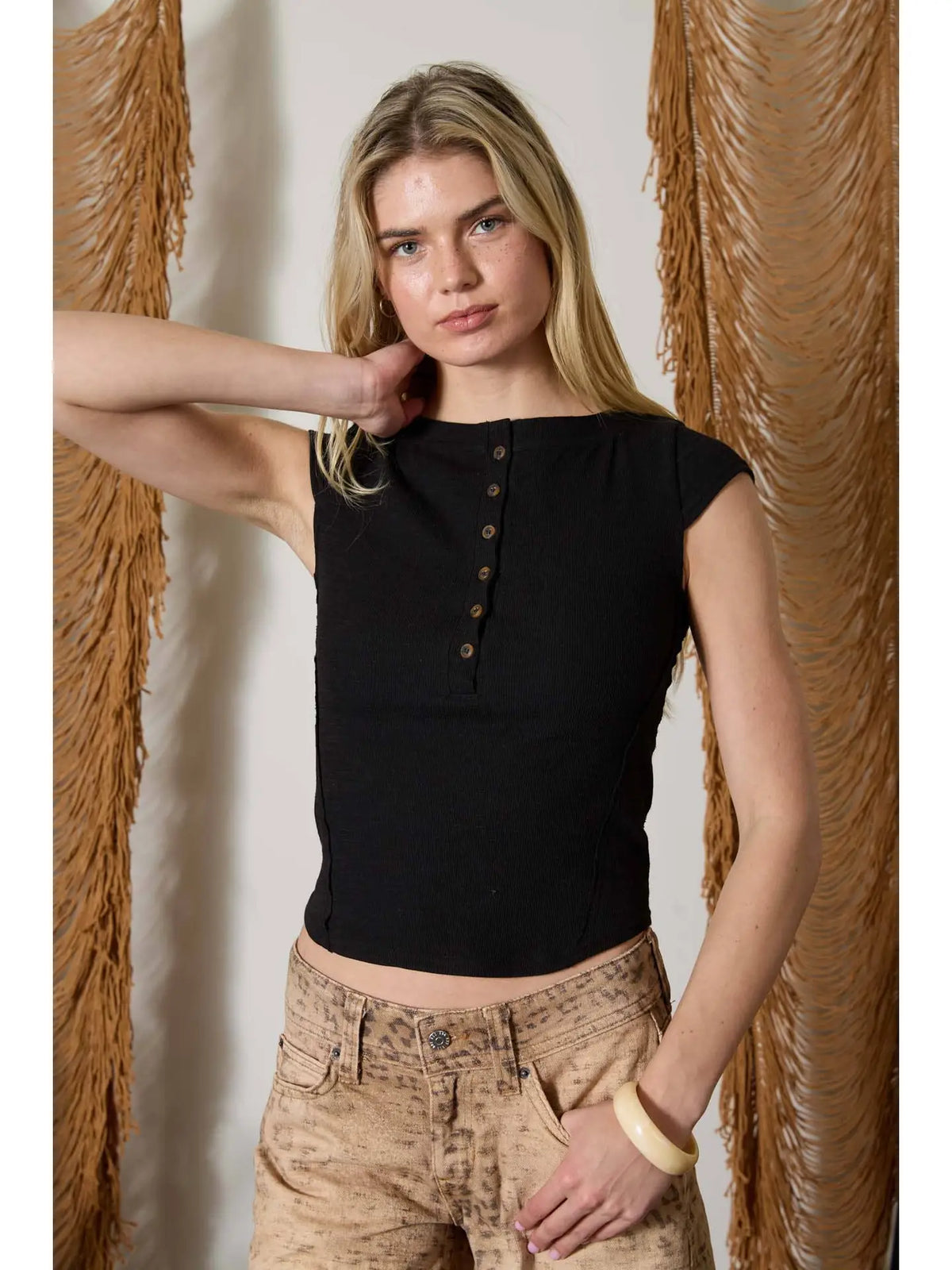 Black Exposed Asymmetrical Seam Henley Knit Top