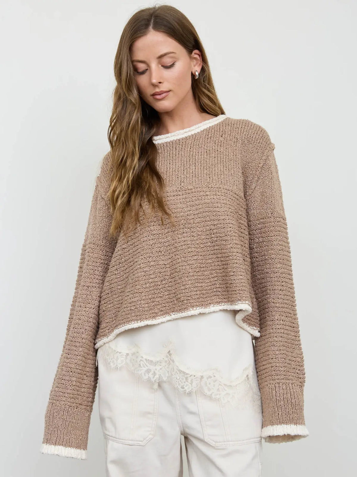 Khaki Contrast Trim Knit Sweater