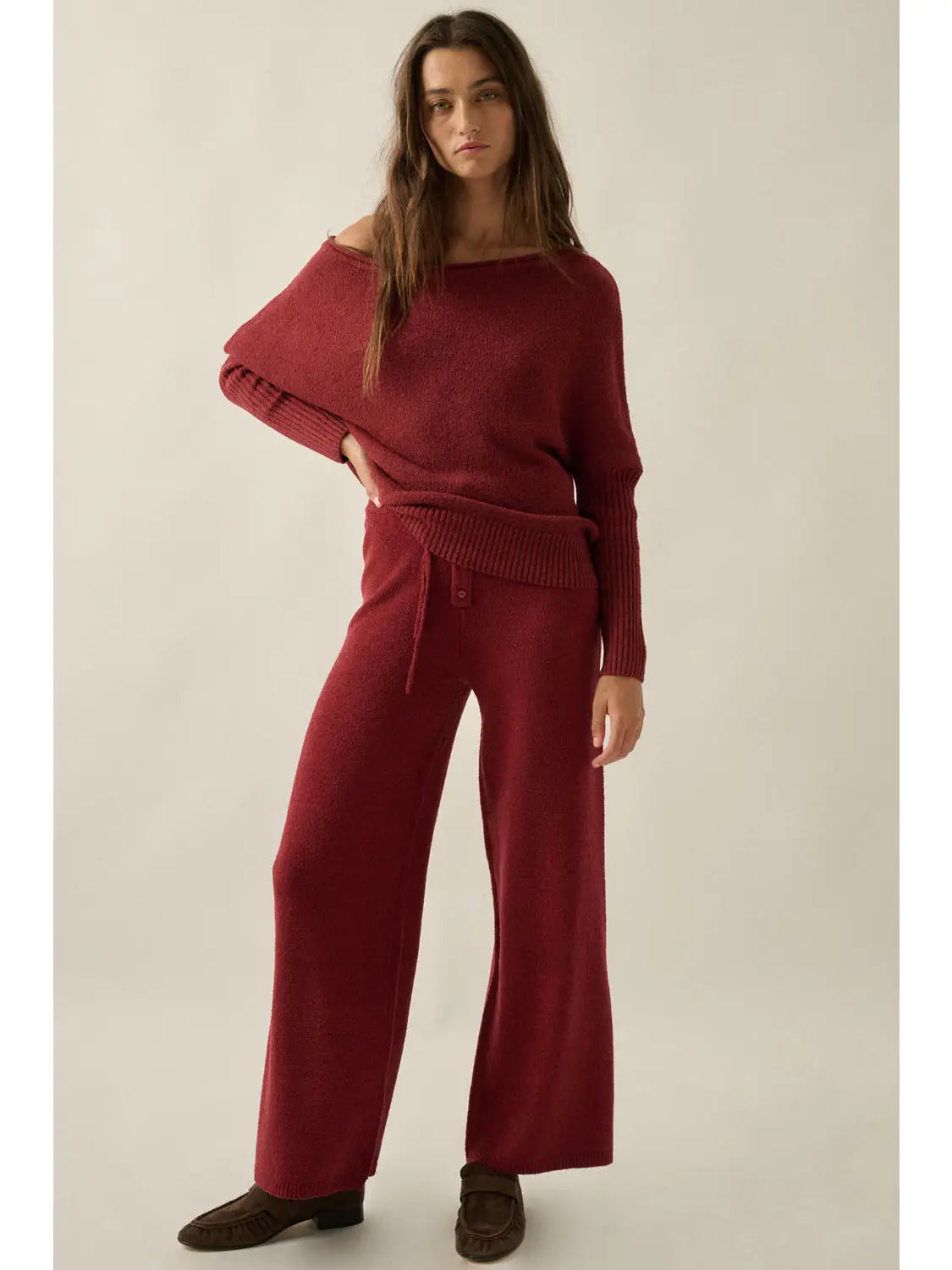 Mulberry Textured Knit One-Shoulder Boatneck Sweater