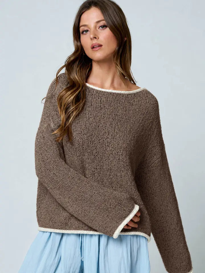 Mocha Boat Neck Contrast Trim Knit Sweater