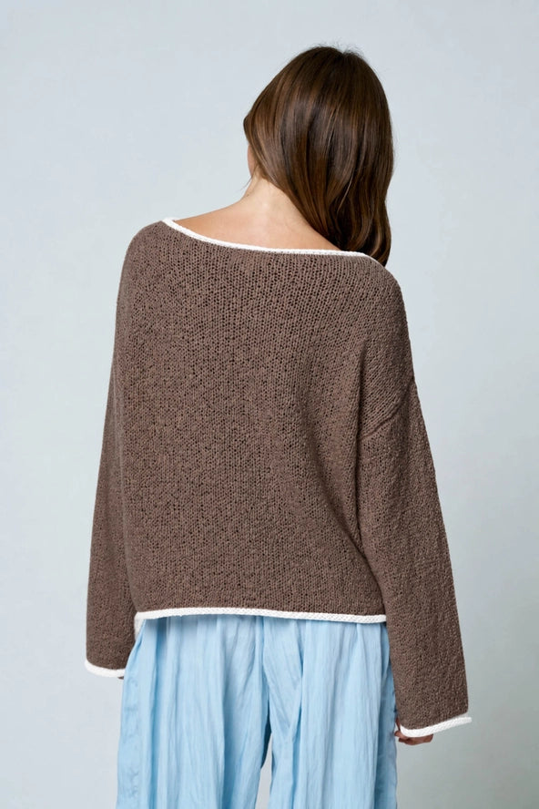 Mocha Boat Neck Contrast Trim Knit Sweater