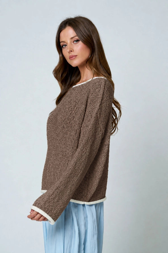 Mocha Boat Neck Contrast Trim Knit Sweater